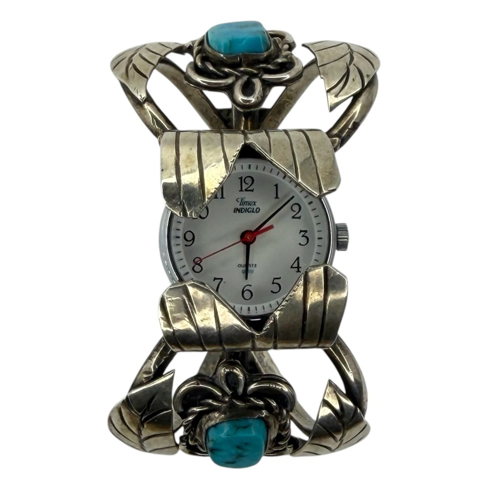 Timex Indiglo Cuff Watch Sterling Silver Turquoise Coral Southwestern Vintage